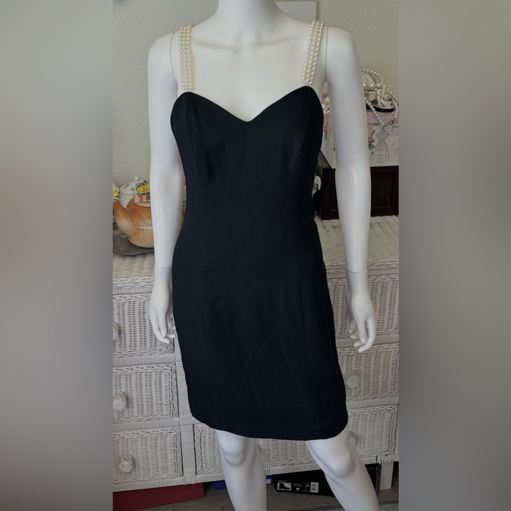 A•B•S  Evening Collection Vintage 90s Mini Dress Faux Pearl Straps Black Size 4